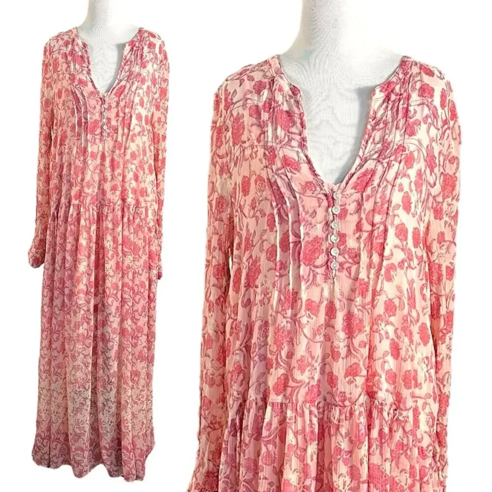 Free People XL Dainty Ethereal See It Through Maxi Dress Pink Rose Floral